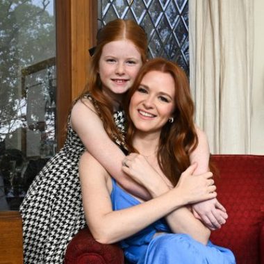Actress Sarah Drew and her daughter Hannah pose in their living room for a cover shoot with L.A. Parent.